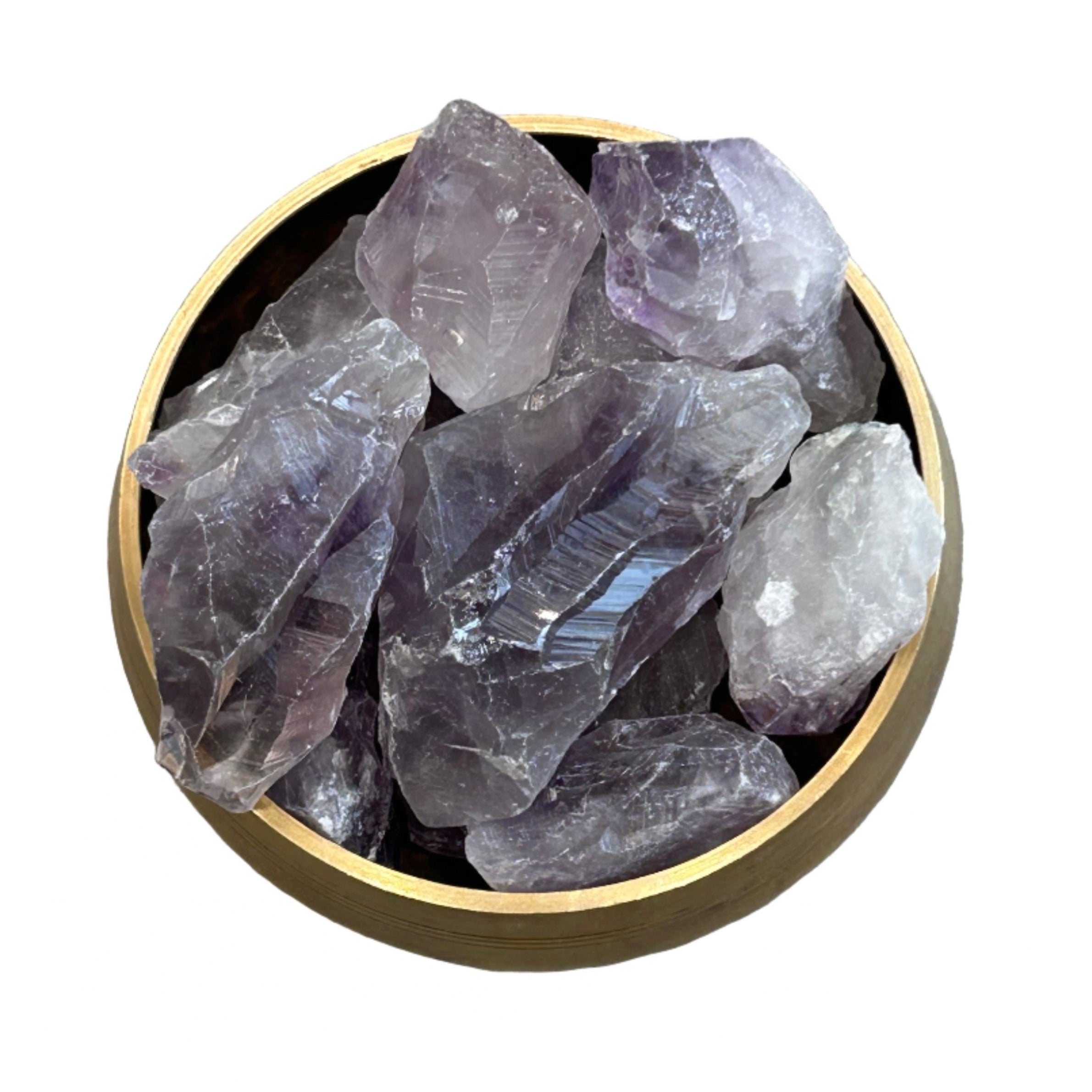 Amethyst raw points in a bowl, healing crystals for stress relief, mood stabilization, and enhancing spiritual clarity.