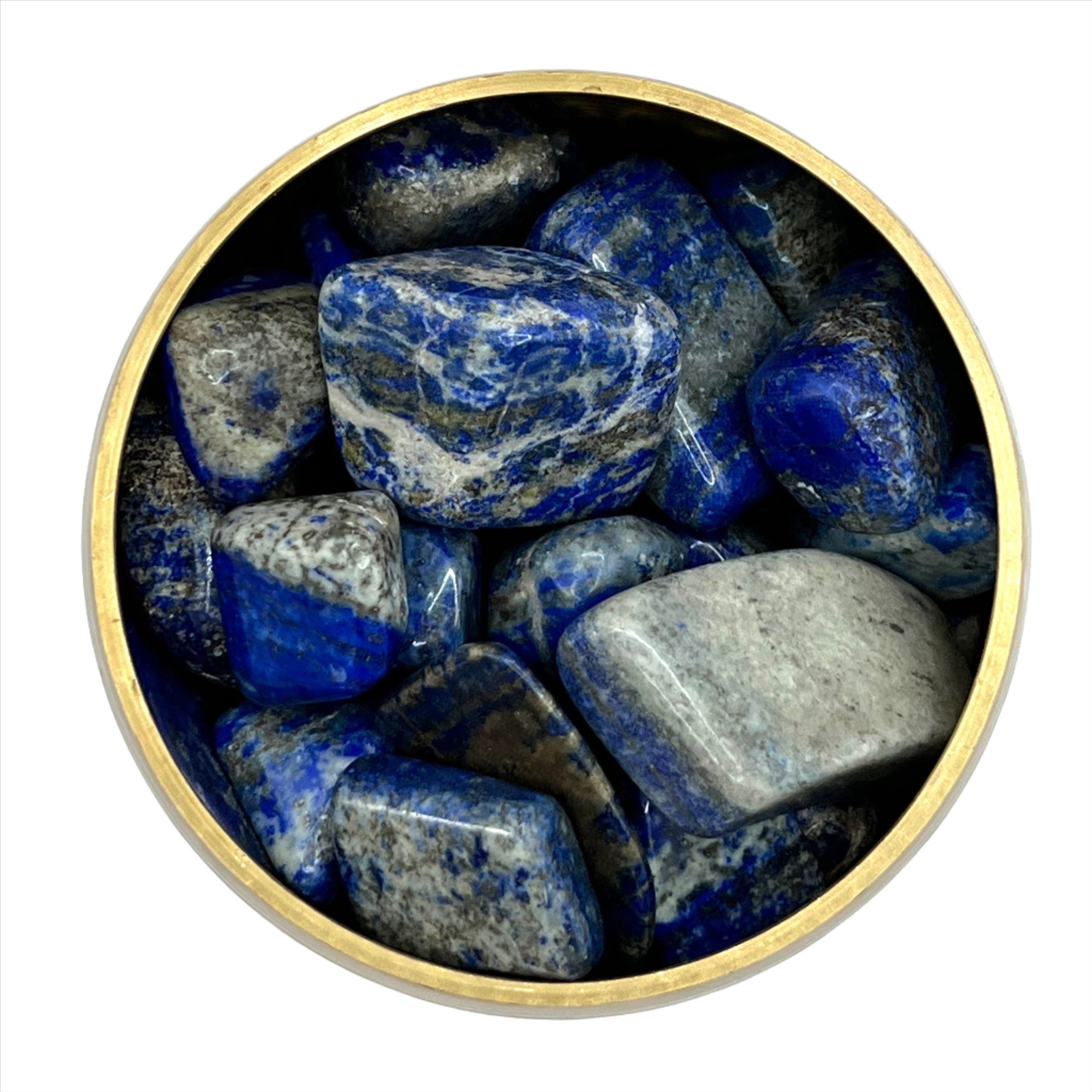 Lapis Lazuli tumbled stones in a round container, promoting calm, self-awareness, and creativity.