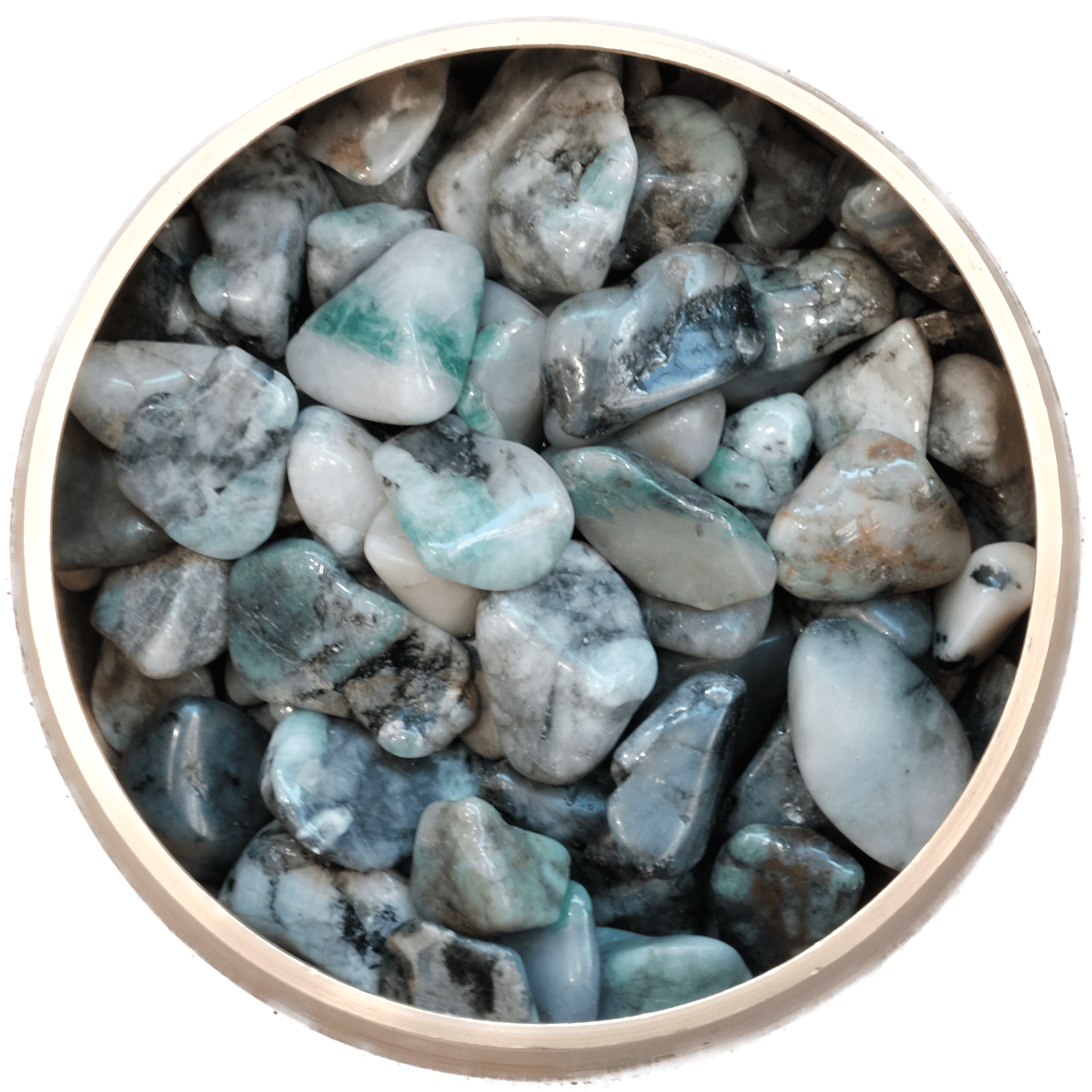 Bowl of polished blue and gray gemstones, assorted shapes and sizes