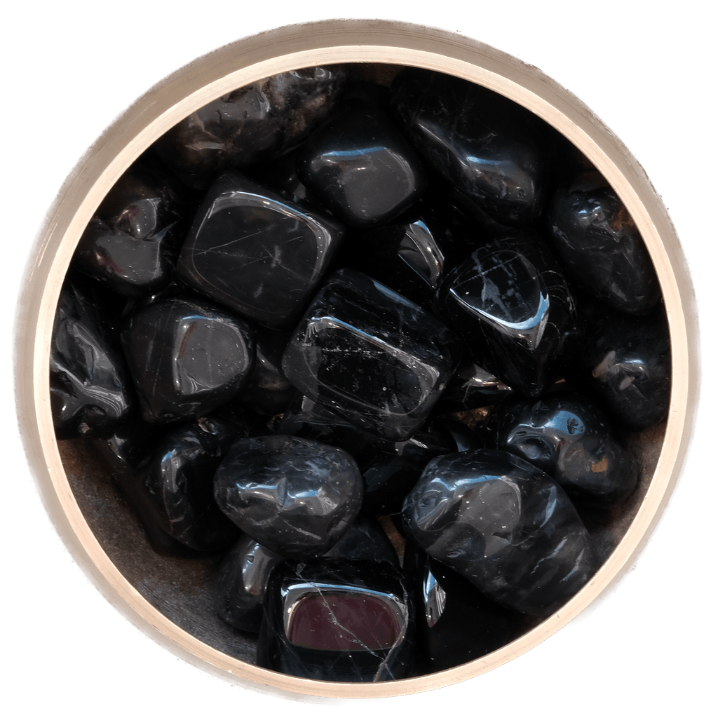 Black Onyx tumble stones 20-30MM for vigor, self-confidence, grief banishment, and wellness enhancement.