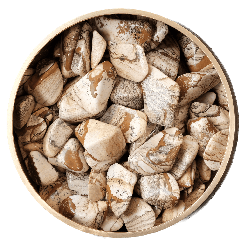 Picture Jasper tumbled stones in a bowl, promoting balance, harmony, and emotional release.