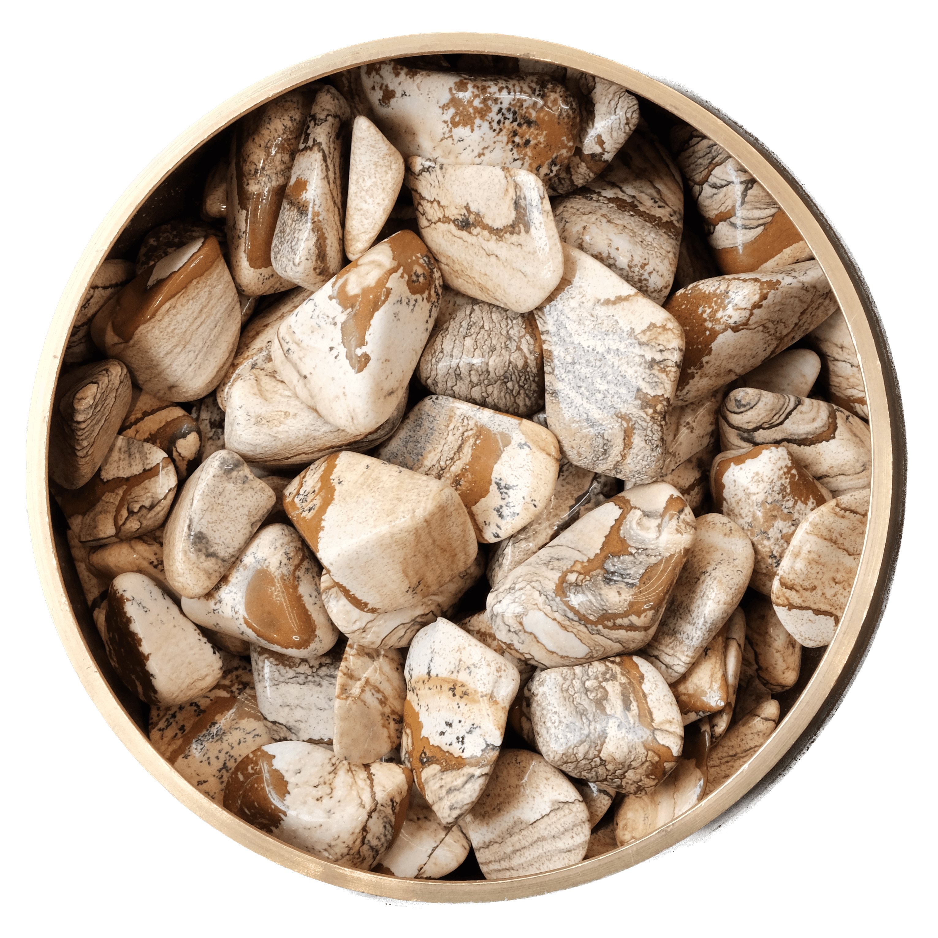 Picture Jasper tumbled stones in a bowl, promoting balance, harmony, and emotional release.