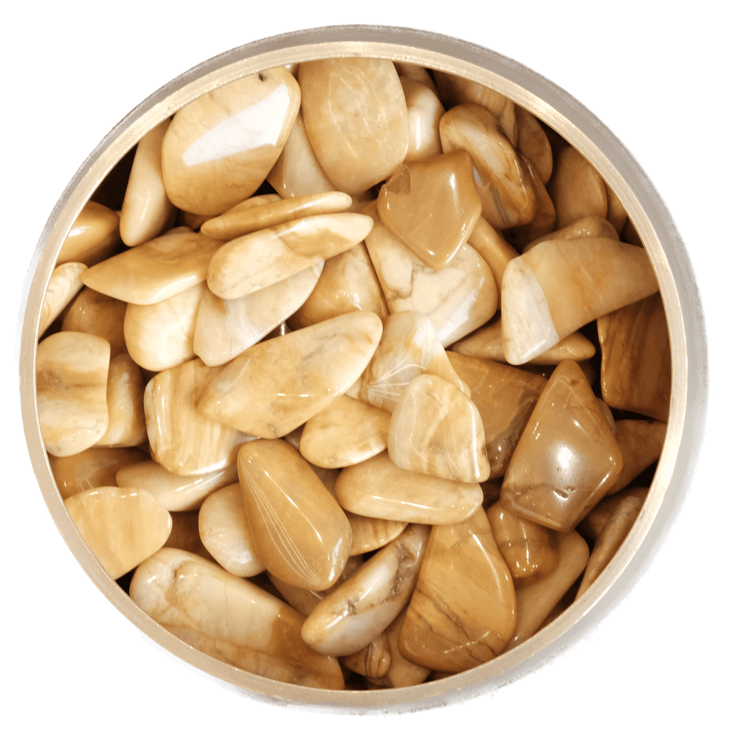 Yellow Jasper tumbled stones in various shades, known for neutralizing radiation and promoting calmness.